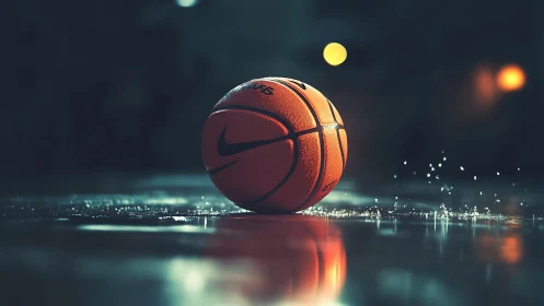 Close-up basketball on wet indoor court under low light.