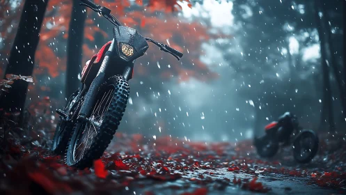 Midnight trail bikes prowl through crimson rainy forest.