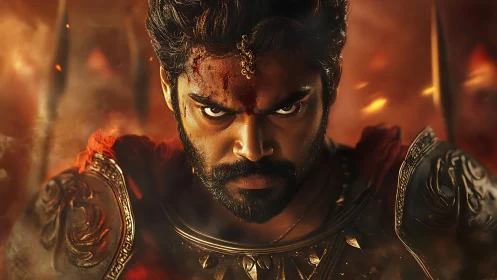 Armored warrior stares forward amid controlled fire effects