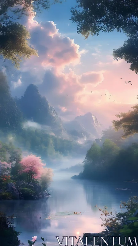 Vertically framed pastel river valley with misted peaks