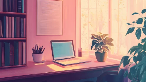 Sunlit desk workspace with laptop, books, and indoor plants.