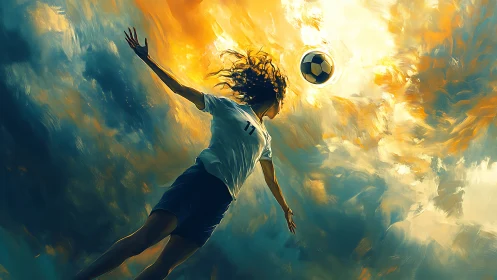 Soccer player moves toward airborne ball in painted sky