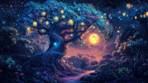 Luminescent arboreal nexus under chromatic lunar twilight.