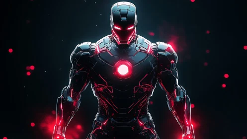 Armored humanoid figure stands centered with red illuminated core