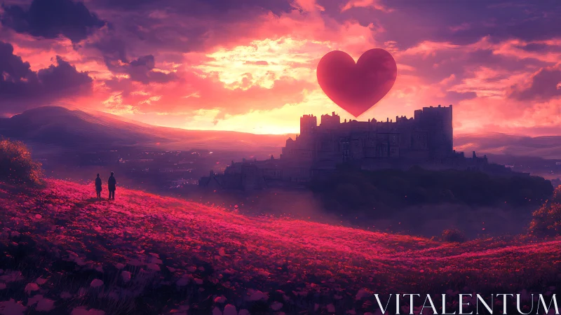 Couple observing giant heart above castle at sunset