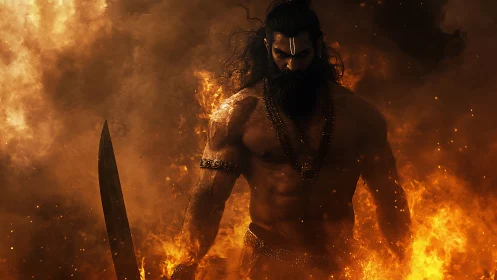 Warrior ascendant amid swirling inferno and dense smoke.