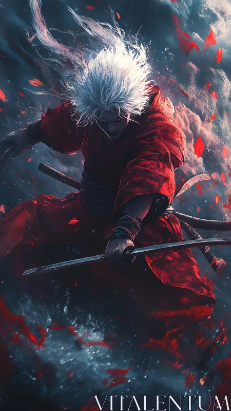 White-haired swordsman in red robe amid swirling debris.