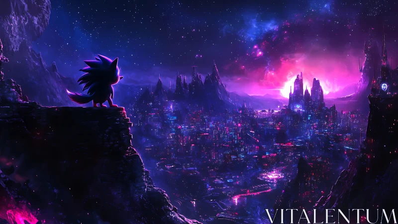 Starlit speedster surveys neon-drowned cosmic megacity.