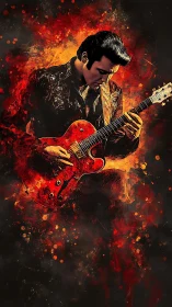 Digital painting portrait of guitarist in fiery abstract field.
