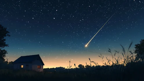 Meteor streak over rural house at dusk under starry sky.