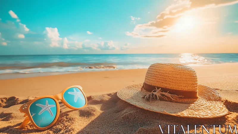 Sunglasses and straw hat quietly trade secrets with the sunset