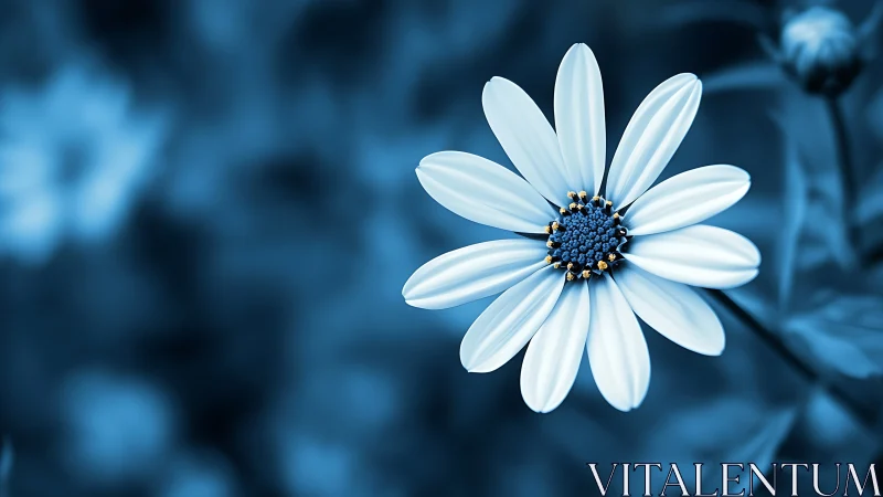 White daisy flower with blue center against blue-toned blurred background.