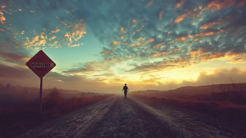 Lone traveler walks misty road under burning dawn sky.