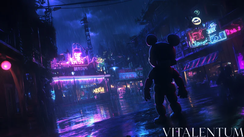 Neon soaked night welcomes a lone mascot in rainy streets