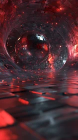 Spherical mirror form in red metallic tunnel environment.