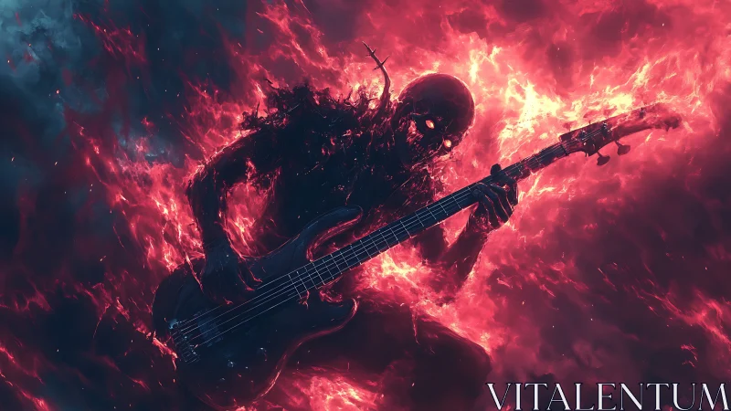 Infernal bass god shredding through a storm of living fire.