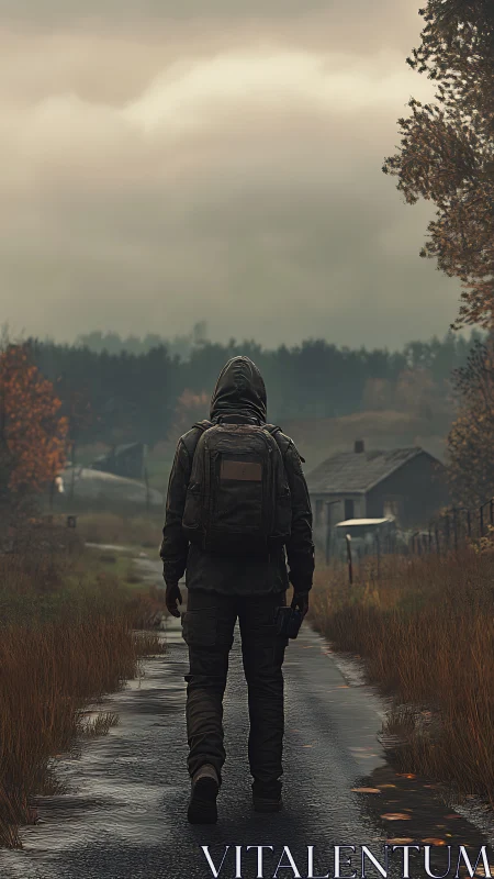 Solitary hooded figure on rural road under overcast sky.