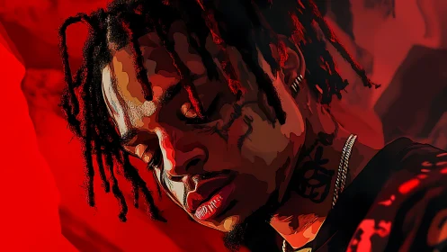 Brooding portrait under red light, stylized digital render.