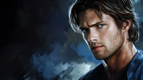 Storm-eyed wanderer in sapphire-shadowed digital portrait.