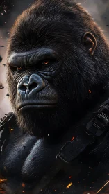 Armored war gorilla rendered in hyperreal cinematic detail.
