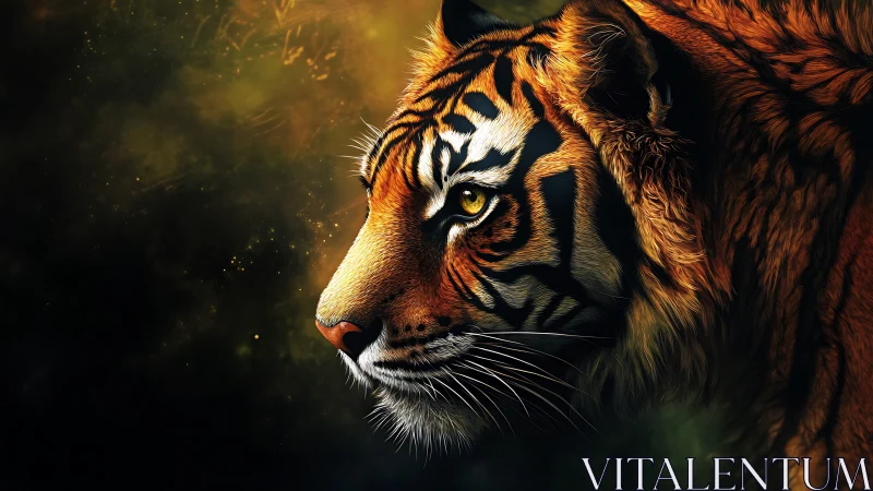 Majestic tiger gaze cuts through moody golden forest dusk