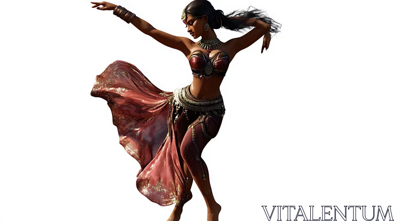 Digital dancer in mid-motion wearing detailed red costume