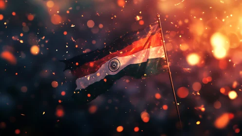 Indian flag waves amid glowing embers in dramatic night sky.