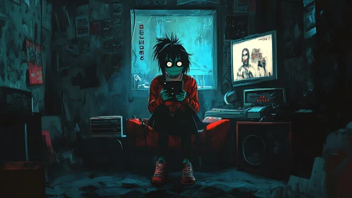 Teen gamer in dark neon room with glowing screen art.