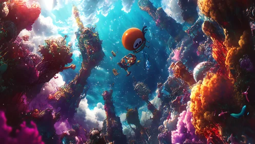 Floating robot diver in kaleidoscopic coral megacity.