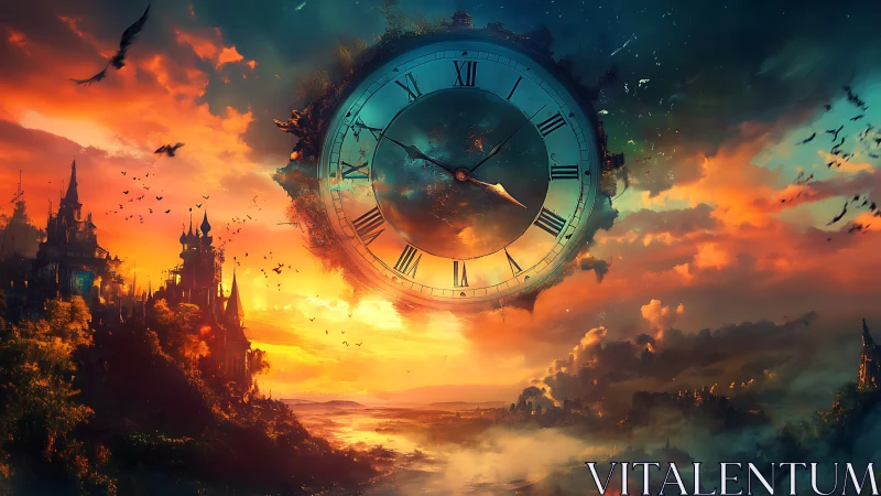 Surreal celestial clock hovering above burning kingdoms.