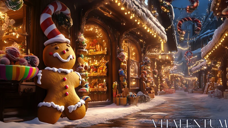 Gingerbread guardian smiling over a glowing candy street.