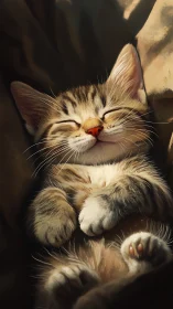 Tabby Cat Portrait with Closed Eyes in Warm Chiaroscuro.