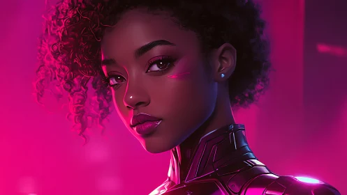 Neon sentry girl glows in electric magenta city haze.