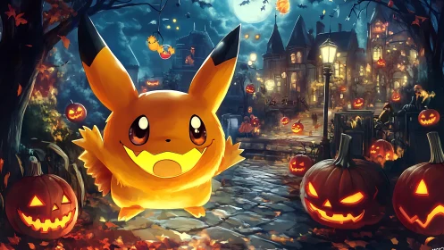Pikachu in a Halloween street of glowing jack o lanterns.