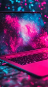 Laptop with neon galaxy screen in low light workspace.