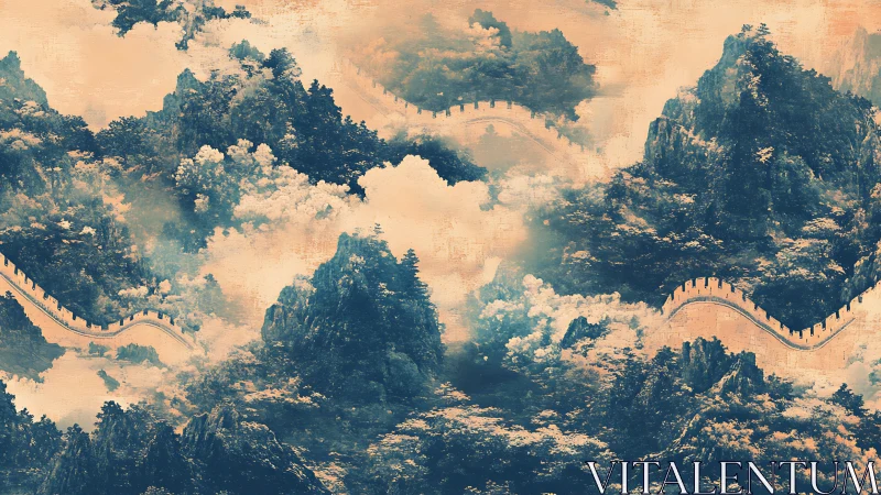 Great Wall mountain panorama in misty sepia duotone rendering