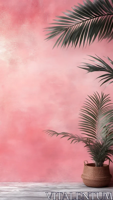 Potted palm against textured pink wall creates relaxed interior