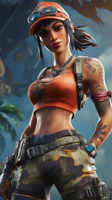 Combat-ready explorer stands confident in tropical ruins.