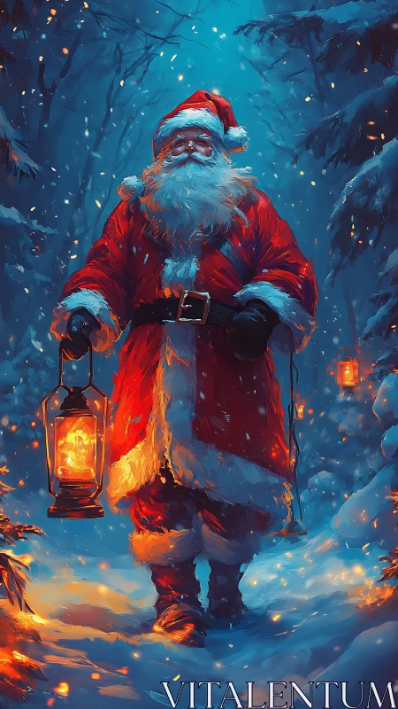 Santa figure walking with lanterns in snowy forest at dusk.