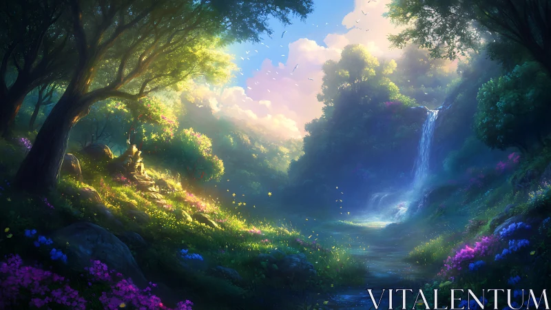 Enchanted Forest Waterfall Valley at Dusk
