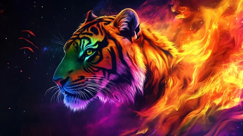 Neon tiger profile with abstract flame-like color trails.