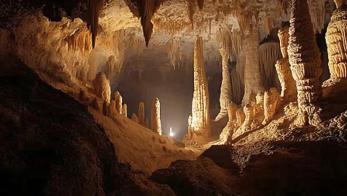 Speleothem cathedral with illuminated stalagmites and stalactites.