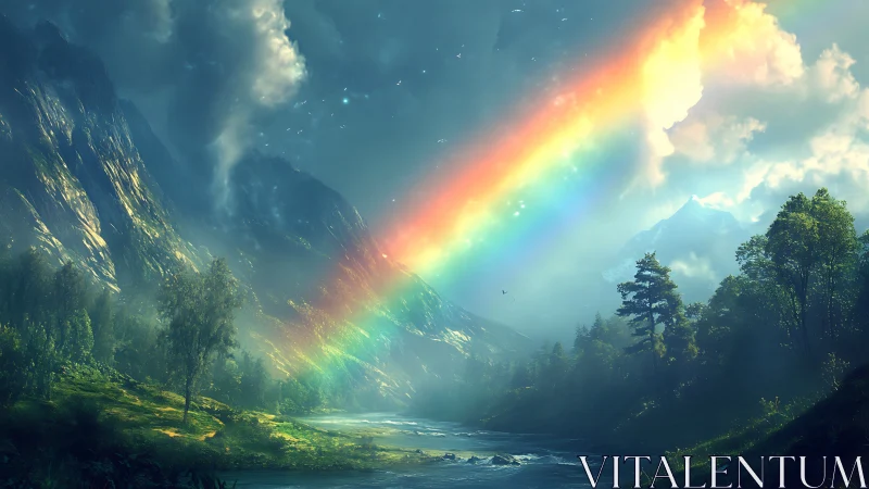 Rainbow riverway under whispering mountains at dawn.