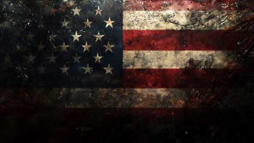 Weathered American flag shows corroded texture and decay