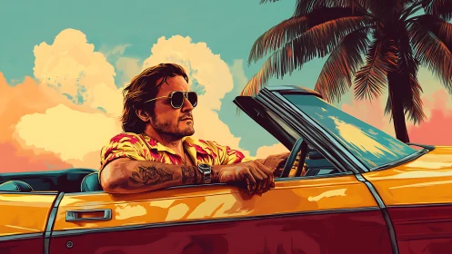 Man drives yellow convertible past palm trees at sunset