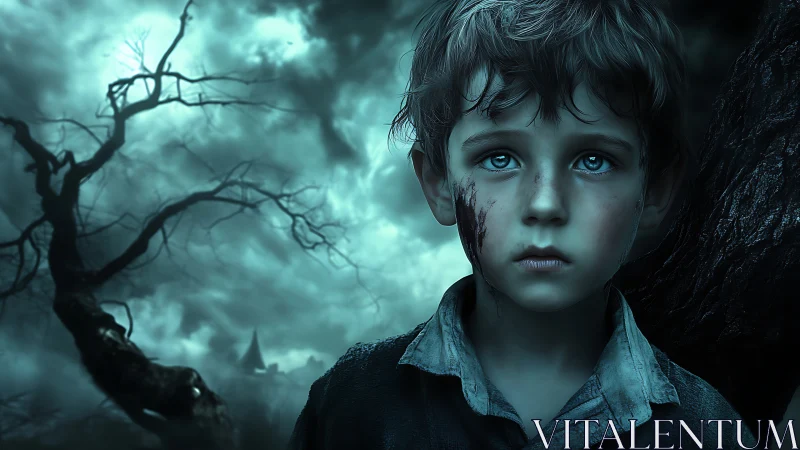 Melancholic boy portrait in stormy haunted forest at dusk