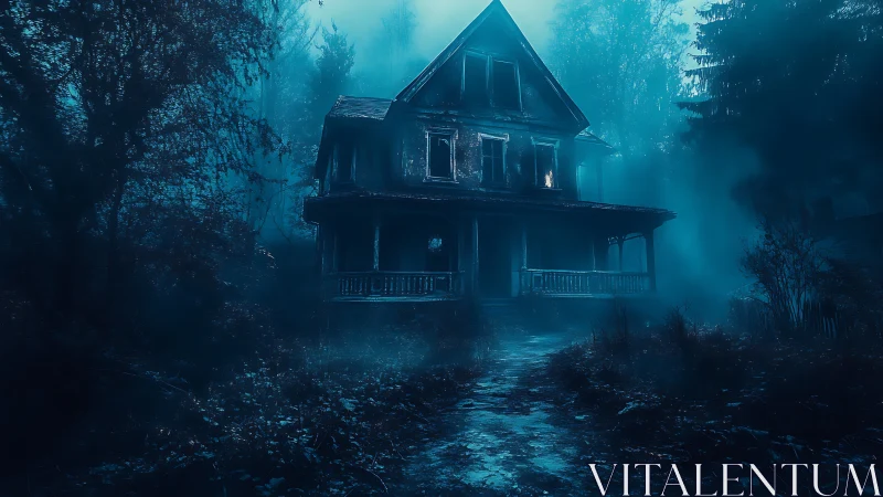 Old two story wooden house in dense blue foggy forest.