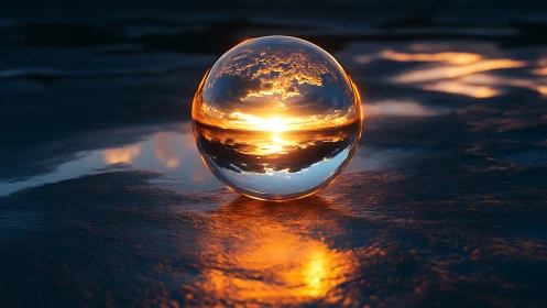 Glowing sunset gleams inside a crystal sphere on wet shore