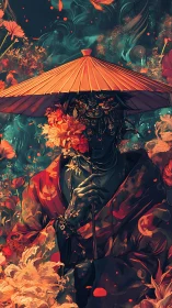 Mystical flower bearer beneath a glowing parasol of dreams.