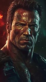 Weathered action hero bathed in fiery cinematic light.